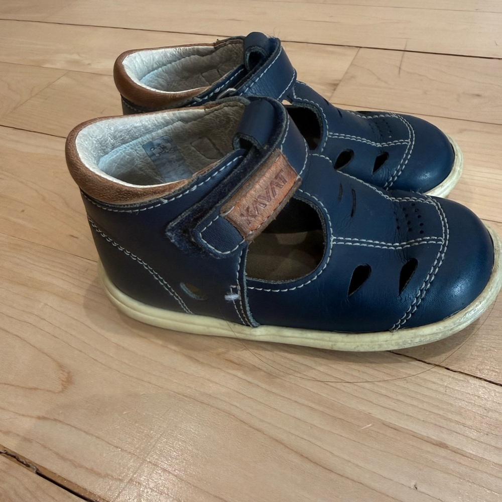 Navy Leather Kids Sandals with Brown Trim - Hook & Loop Closure